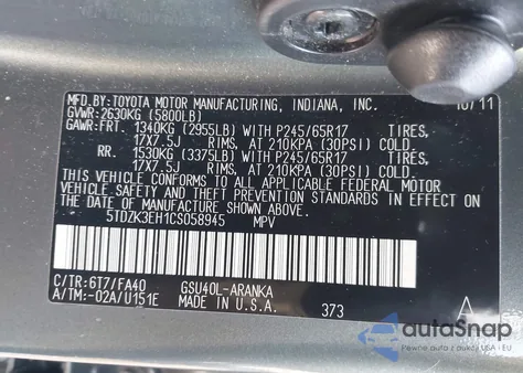 2012 Toyota Highlander Base V6 from USA, damaged, VIN 5TDZK3EH1CS058945